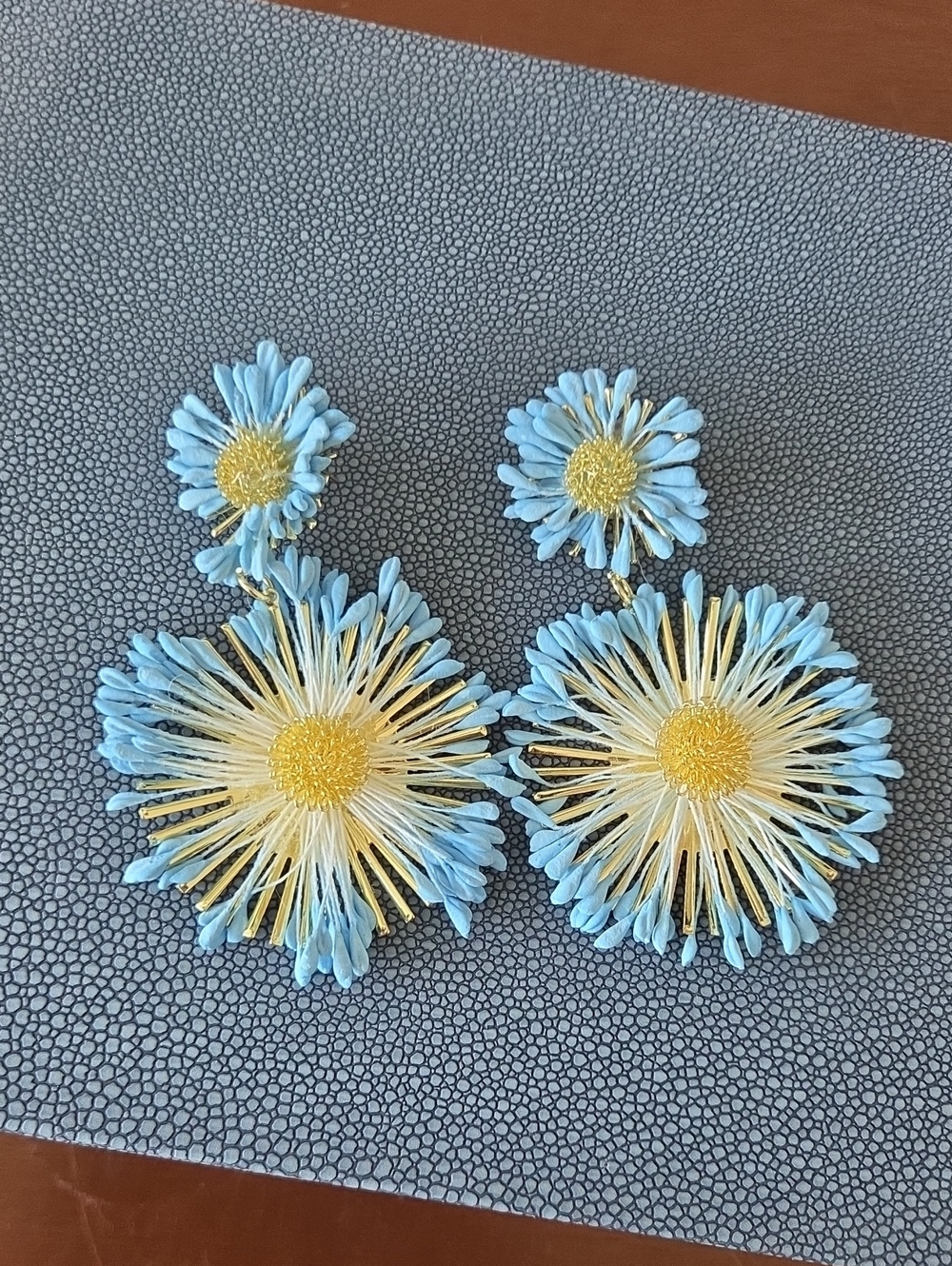 Blue Daisy Statement Drop Earrings - Floral Gold Accents